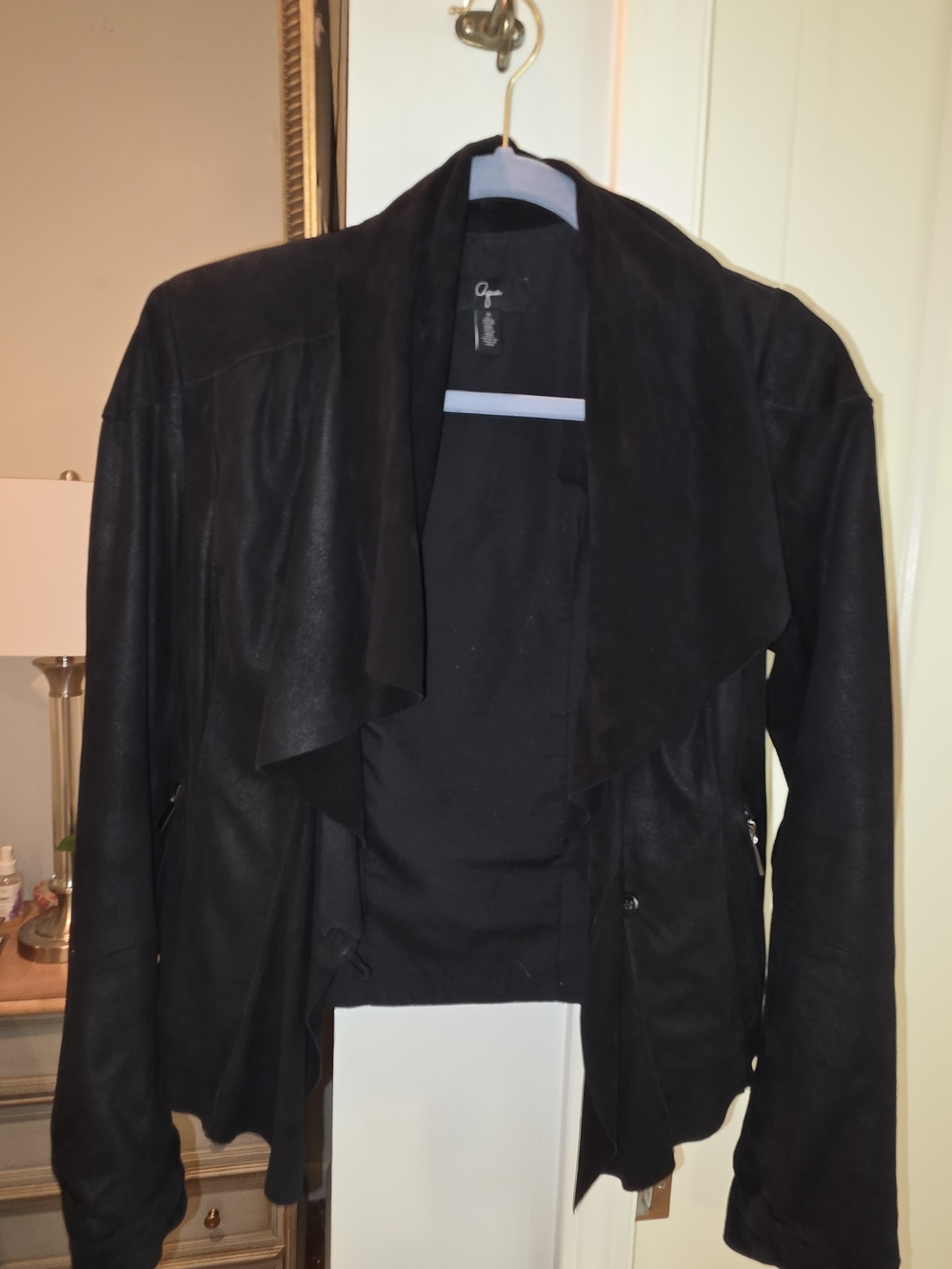 Agua Women’s Black Leather Draped Open-Front Jacket